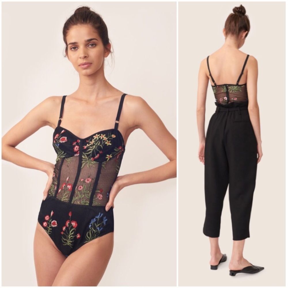 Allen Schwartz Black Mesh Floral Bodysuit